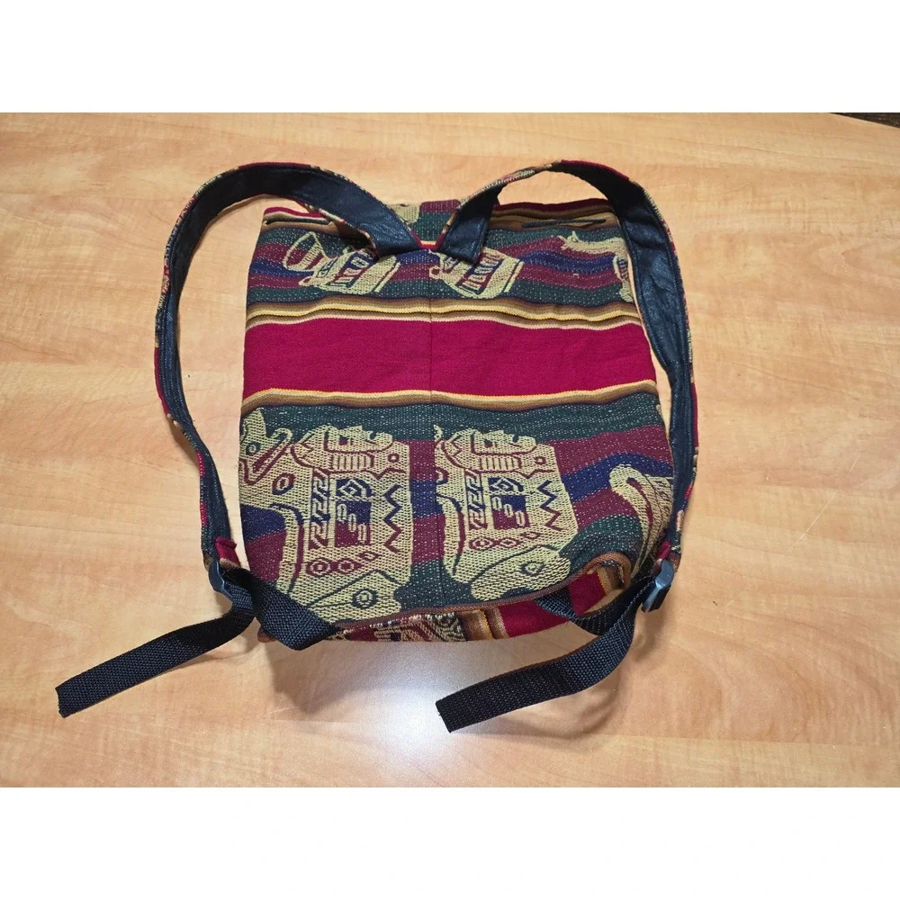 Vintage Andean Woven Tapestry Backpack Burgundy Geometric Tribal Boho Daypack